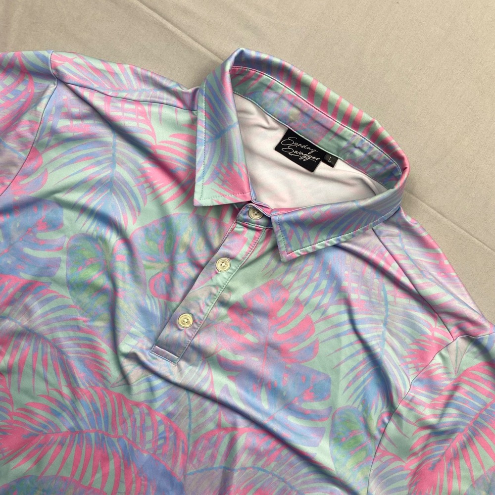 Sunday Swagger Mens Large Golf Polo Tropical Palm Print Pink Blue Performance